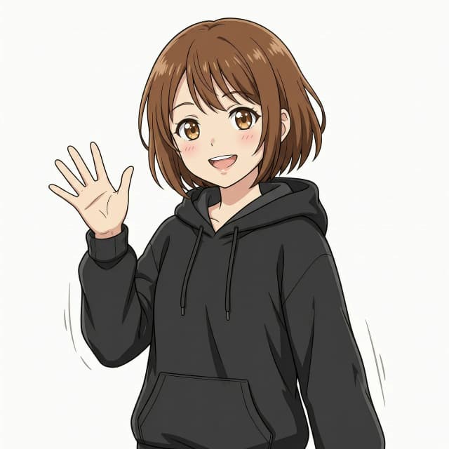 anime style, high quality anime aesthetic, 2D anime style, full-grown anime girl, short brown hair, expressive brown eyes, wearing an oversize black hoodie, solid crisp white background, sharp clean outlines, cell shading, flat colors, professional key visual, close-up portrait, smiling happily, waving hand at camera, joyful anime expression