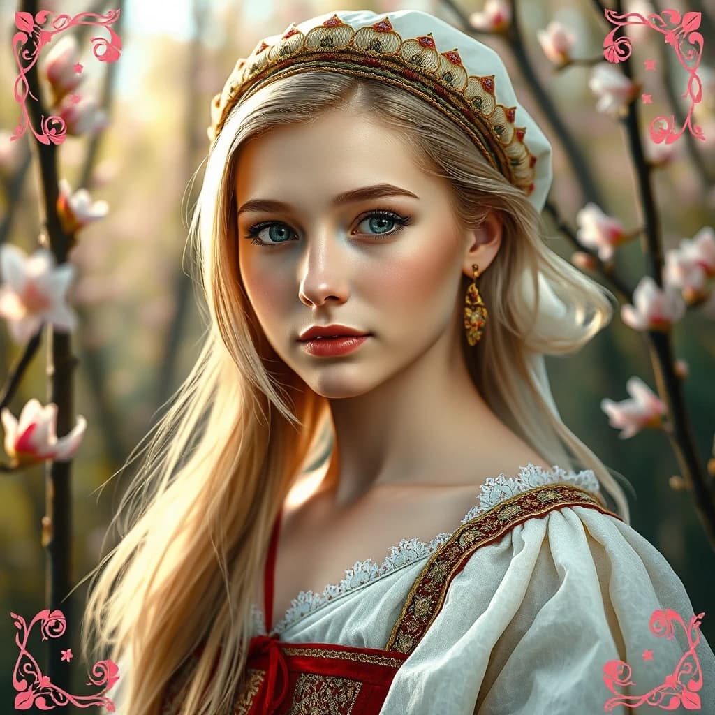 Russian Russians: A detailed portrait of a young woman of Slavic appearance from the 16th century in a traditional long Russian sundress and a traditional Russian cocoanut headdress, with blonde hair against the background of a spring blooming forest, in full growth. In the Glitter style: magical realism, natural symphony, shapes dissolve into color, lines flow like water, translucent layers with a watercolor texture, intricate ornaments at the corners of the composition.
High quality, 4k, octane, cinematic lighting, dramatic composition, eyes with increased detail, delicate skin texture, professional photography, depth of field, Leica camera, artstation trends, spectacular lighting, mystical atmosphere, detailed textures, volumetric lighting, works by Viktor Vasnetsov and Ivan Bilibin, gouache painting style, style Russian fairy tales, photorealism. An atmosphere of joy and serenity.