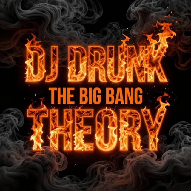 Trendy 2026 EDM album cover. Pitch-black void background with thick, heavy, pitch-black rolling smoke. Hyper-bold wide contemporary font on three lines: line 1 "DJ DRUNK'", line 2 "THE BIG BANG", line 3 "THEORY". Font mask design with a dynamic, fast-moving inferno and wild bursting orange fire trapped inside the letters. Furious flames whipping around, bright flying embers, and dramatic kinetic heat distortion. The violent fiery text casts a sharp orange backlight on the surrounding heavy black smoke clouds. Hyper-detailed, cinematic action style, 8k resolution --ar 1:1 --v 6.0 --style raw