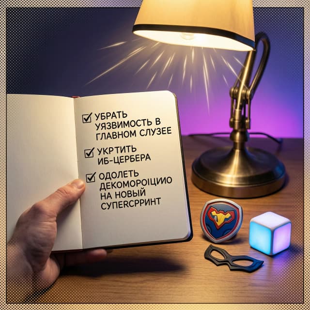 Кинематографичная фотография от первого лица: рука держит открытый блокнот под тёплой настольной лампой. На левой странице — три пункта с галочками написано без ошибок:
УБРАТЬ УЯЗВИМОСТЬ В ГЛАВНОМ ШЛЮЗЕ
УКРОТИТЬ ИБ-ЦЕРБЕРА
ОДОЛЕТЬ ДЕКОМПОЗИЦИЮ НА НОВЫЙ СУПЕРСПРИНТ
Супергеройский вайб: лёгкое неоновое свечение на заднем фоне, едва заметные комиксные полутона (halftone dots) по краям кадра, тонкие лучи света как от вспышки суперсилы. Рядом с блокнотом на столе — маленький супергеройский щит с логотипом, маска-домино и светящийся кубик. Тёплый ламповый свет + холодный неоновый контражур, кинематографичная глубина резкости, атмосфера «герой готовится к миссии».