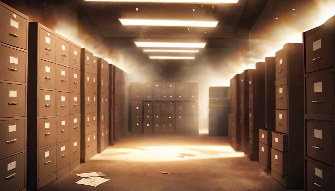 Archive room with stacks of thick classified files and folders, dim lighting, dust particles in light beam, sepia