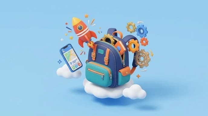 3D isometric illustration, school backpack with smartphone and rocket, cloud, gears, soft shadows, clean background, 16:9