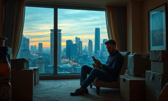A man sitting alone in an empty apartment room surrounded by cardboard moving boxes, looking at smartphone with sad contemplative expression, large panoramic window showing Moscow City skyscrapers glowing at dusk, evening golden hour light streaming inside, long shadows, dust motes in air, atmosphere of transition and urban solitude, oil painting style, thick visible brushstrokes, heavy impasto technique, textured canvas, emotional depth inspired by 19th century Russian realist painters: Isaac Levitan melancholy, Ivan Kramskoi psychological portraits, warm earthy interior palette: amber, muted ochre, dusty brown, contrasted with cool blue-purple city lights outside, cinematic volumetric lighting, soft focus on face to avoid uncanny valley, shallow depth of field, atmospheric perspective, peaceful yet melancholic mood, no text, no distorted limbs --ar 16:9 --stylize 350