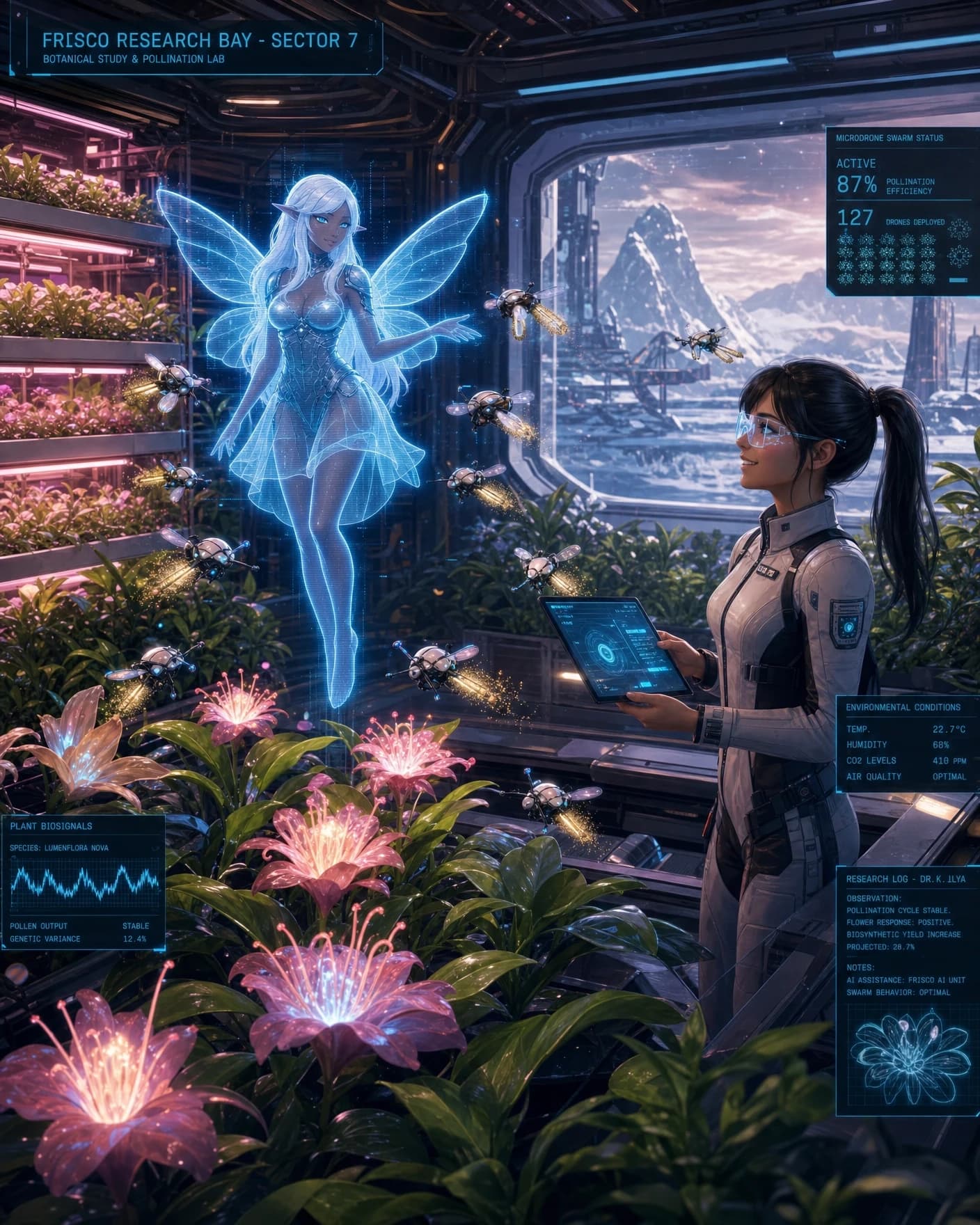 A detailed sci-fi concept art of a futuristic botanical greenhouse inside the Frisco Research Bay. Inside is a lush oasis with vertical hydroponic farms, glowing alien flowers, and dense green vegetation under soft pink and warm white grow lights. FRISCO's holographic AI avatar, a glowing blue digital fairy, hovers in the center. She controls a swarm of tiny pollinator drones the size of a human. The microdrones are equipped with precise electrostatic brushes that carefully collect and transfer glowing pollen from the flowers. Beside her, a female scientist in a lightweight tech suit and smart glasses holds a tablet with data, smiling and observing the process. In the background, a huge panoramic window offers a view of the frozen, snow-covered alien landscape outside. Cinematic lighting, intricate details, UI overlays, artbook style, high-tech sci-fi. --ar 4:3