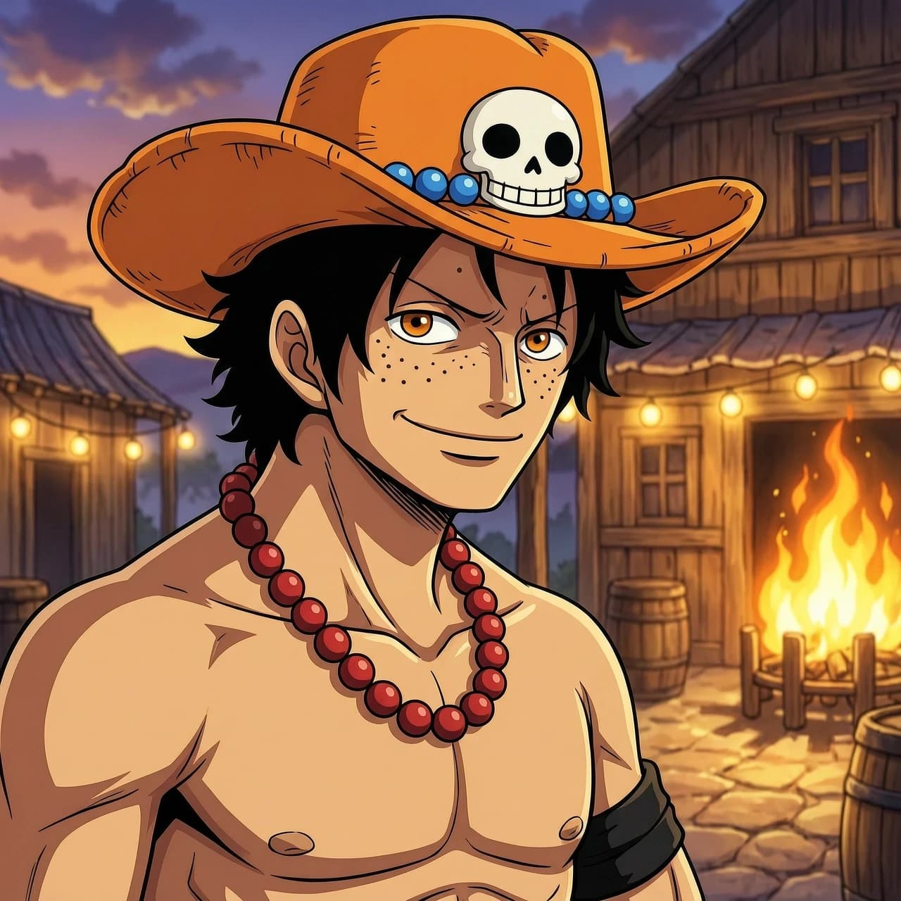 Portrait of Portgas D. Ace from One Piece, anime style, high quality, detailed digital art. Young man with messy wavy black hair, freckles across his cheeks and nose, confident relaxed smirk. Orange cowboy hat with a smiling skull and blue bead pendants. Shirtless with muscular build, red beaded necklace, black wristband. Warm amber eyes with a hint of hidden sadness. Dramatic lighting, warm orange and golden tones, soft glow of fire in the background. Port town at dusk, blurred tavern lights behind him. Half-body shot, looking slightly off to the side. Cinematic composition, vibrant colors, sharp details, anime aesthetic, official art style, 4k, high resolution.