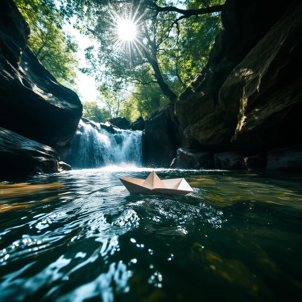 Low angle wide shot from the water level, a paper boat navigating through "giant" rocks and small waterfalls in a stream. Epic adventure feel, dramatic perspective, water splashes, sunlight piercing through tree leaves overhead. Realistic, high dynamic range, cinematic composition.