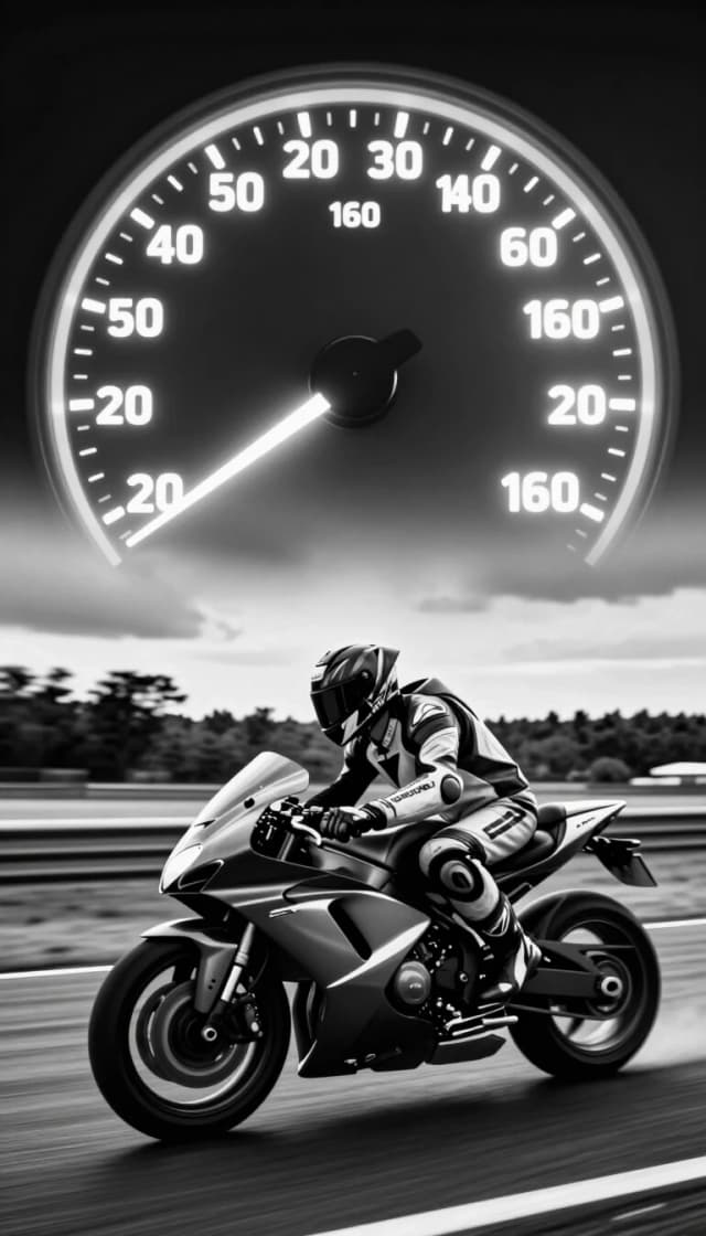 A dramatic, black and white, high-speed scene of a motorcycle rider on a track, with a large, glowing speedometer overlay in the upper portion of the image. The speedometer needle is pointing past 160. The motorcycle is sleek and modern, with the rider wearing full racing leathers and a helmet. The background shows a blurred landscape of trees and a cloudy sky, emphasizing the sense of motion and speed. The overall aesthetic is gritty, dynamic, and captures the thrill of extreme speed.