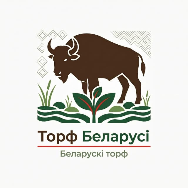 Создай современный минималистичный векторный логотип для торфяной отрасли Республики Беларусь.
Главный элемент: стилизованный силуэт европейского зубра — мощный, узнаваемый, лаконичный.
Зубр стоит на торфяном пласте или на болотной кочке. Рядом с ним или из-под его ног пробивается молодой зелёный росток с двумя-тремя листьями.
Фон или нижняя часть композиции — стилизованное болото: плавные линии, волны, кочки, отсылка к торфяникам.
Цвета: тёмно-коричневый (зубр, торф), глубокий зелёный (болото, росток), белый и красный (акценты, отсылка к флагу).
В отрицательном пространстве или по краю — лёгкий белорусский геометрический орнамент (ромбы, зубцы), но не перегружать.
Типографика: надпись «Торф Беларуси» или «Белорусский торф» кириллицей, чистый геометрический шрифт.
Стиль: плоский вектор, минимализм, высокая читаемость, пригодность для печати и техники.
Без фотореализма, без 3D, без сложных градиентов. Фон белый или прозрачный.