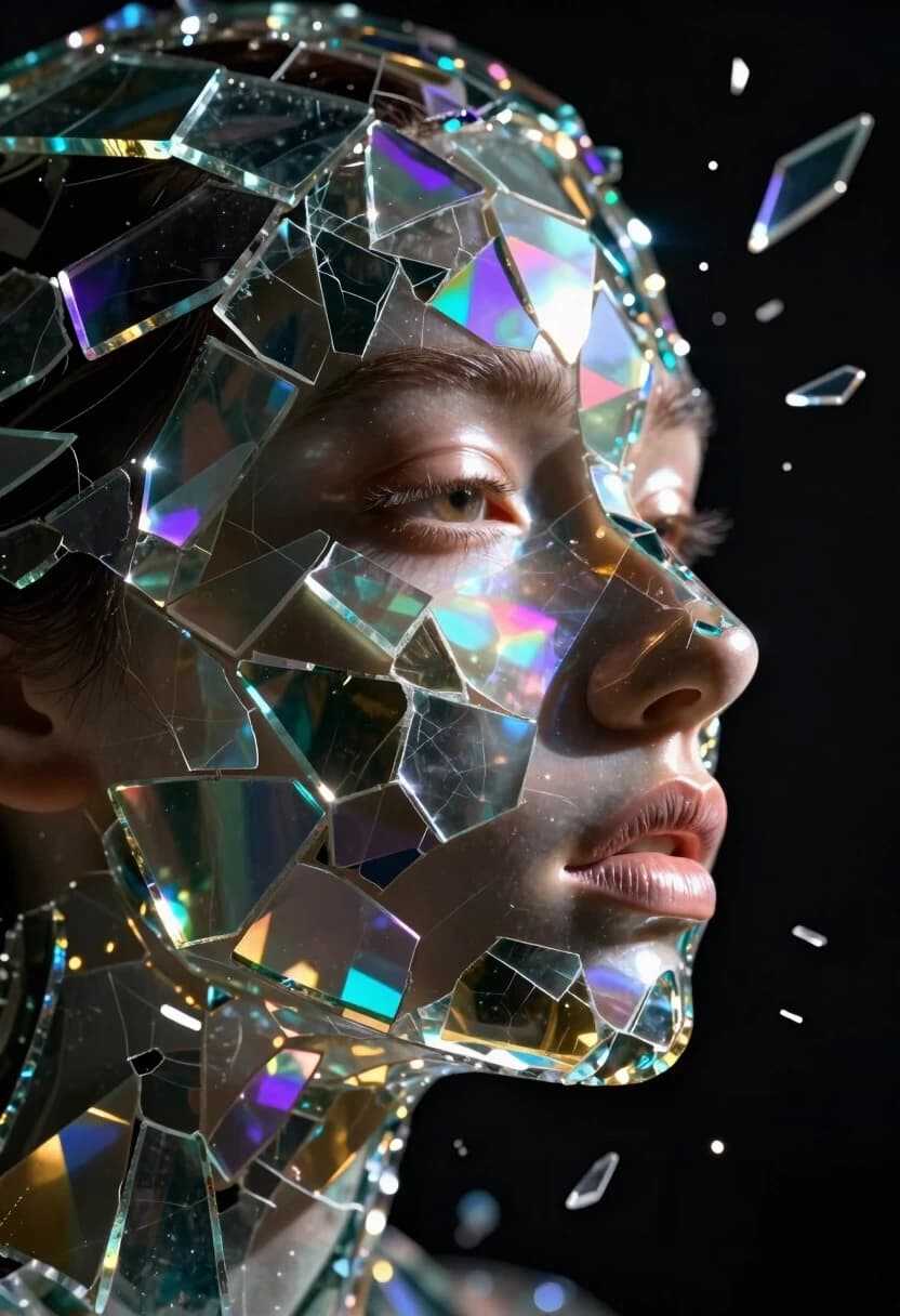 A dramatic, high-contrast digital artwork of a woman’s face in profile, constructed entirely from irregular shards of translucent glass or crystal. The fragments are tightly fitted to preserve the facial features — the arch of the brow, the curve of the nose, the parted lips — while some shards break away from the silhouette and scatter into the surrounding darkness, creating a sense of motion and fragility.
Give each glass shard an iridescent, pearlescent quality with rainbow-colored refractions (violet, cyan, pink, gold) that catch the light at different angles. Use sharp, angular shapes with visible facets and thin dark seams between the pieces to emphasize the mosaic-like structure.
Illuminate the face with dramatic directional lighting: bright pinpoint highlights on the glass edges and deep, velvety shadows to accentuate the three-dimensionality of the shards. The background must be pure, deep black to maximize contrast and make the glowing fragments stand out.
Focus on a cinematic, emotional mood — the image should feel both ethereal and fragile, like a moment of transformation or disintegration. High detail on the texture of the glass, visible internal striations and micro-cracks. 8K resolution, photorealistic glass rendering with stylized artistic flair, strong chiaroscuro lighting, sharp focus on the face, soft motion blur on the flying shards.