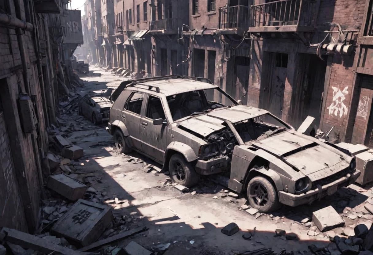 A grimdark cyberpunk slum, neo-noir, monochrome, gritty texture, high contrast chiaroscuro lighting, in the style of a Warhammer 40k animatic or motion comic. A desolate street filled with the wreckage of burnt-out, flipped cars. Makeshift barricades of scrap metal and rubble block the path. Detailed, angry graffiti tags cover brick walls. A gang of thugs in hoodies and gas masks, wielding lead pipes, clubs, and makeshift weapons, lurk in the shadows. Rain pouring down, soaking the street, forming shimmering puddles. Wide cinematic composition, the street is wide and extends far into the distance, flanked by decaying high-rise buildings. Dark, heavy sky with storm clouds. Apocalyptic, oppressive atmosphere, digital painting, sharp lines, dark fantasy.