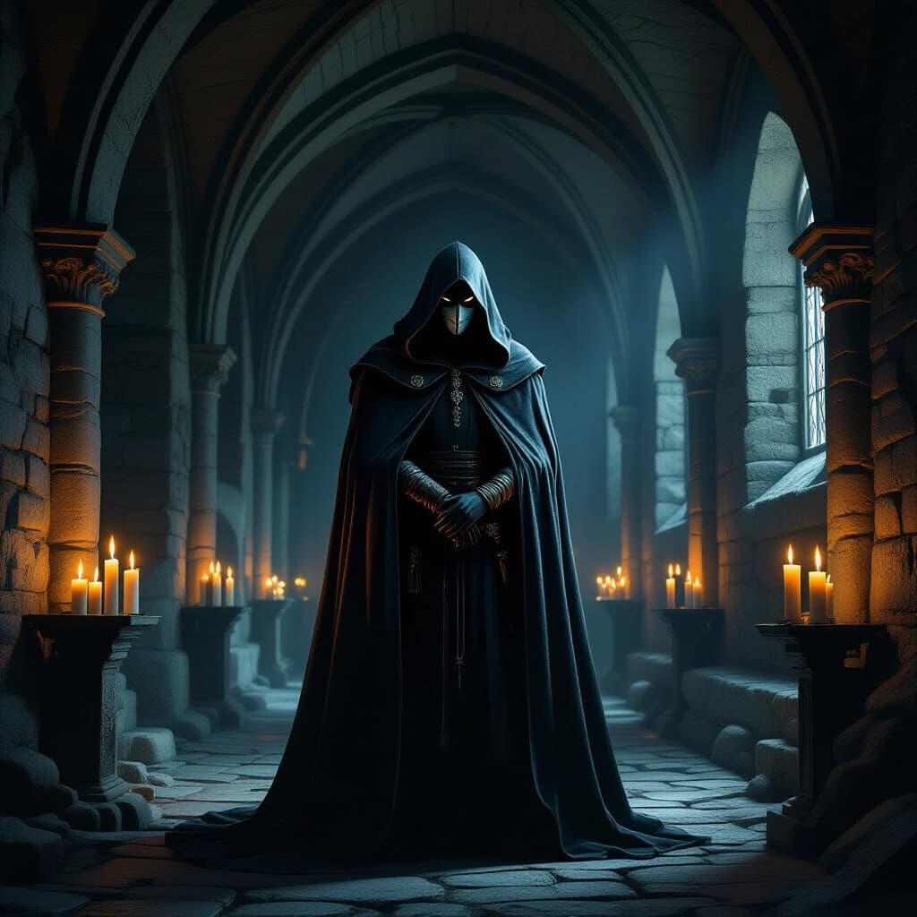 Under the vaults of an ancient medieval church, in the semi-darkness, by the lit candles, stands a mysterious man in a long, ankle-length cloak, a hood thrown over his head, his face covered by a half-mask, only his eyes visible. Illustration, Fantasy, Mysticism
