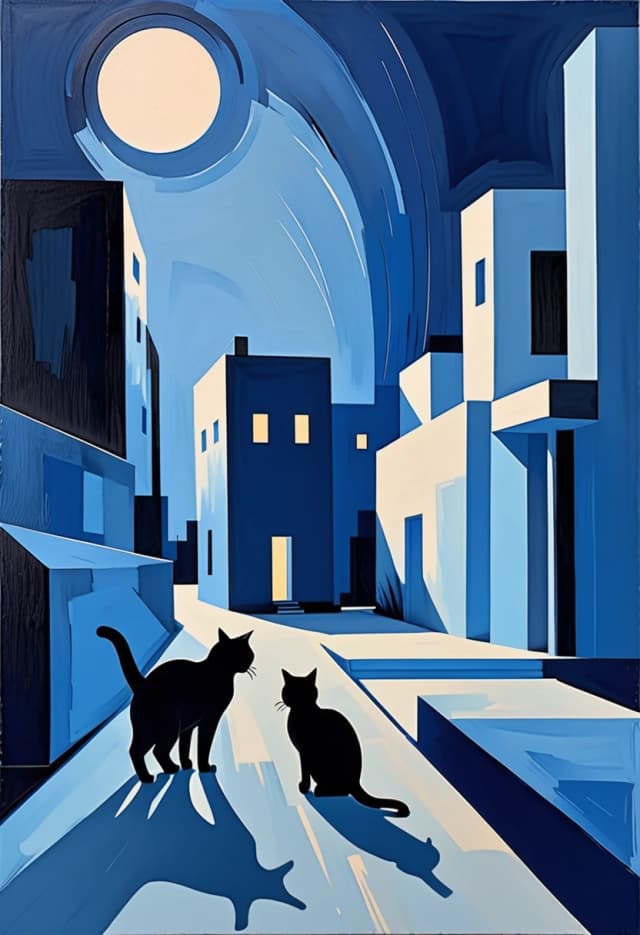 In the style of Malcolm T. Leipke
on a blue background,
night landscape, modern architectural landscape, walking silhouettes of cats angular, nervous brushstrokes, on a rough background, pastel, unfinished study
minimalism