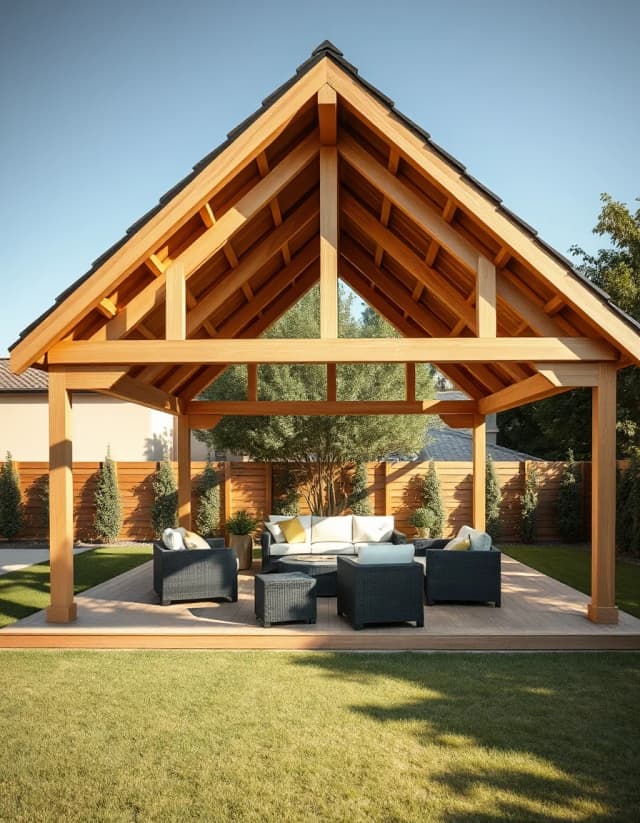 Vertical architectural photography of a luxury modern outdoor gazebo backyard pavilion. Flat roof, open timber construction, light oak wood posts and beams. Built on a premium wide wooden terrace deck. Minimalist patio furniture set inside the pavilion. Sunny summer day, soft shadows, manicured lawn around, ultra-detailed architectural presentation.