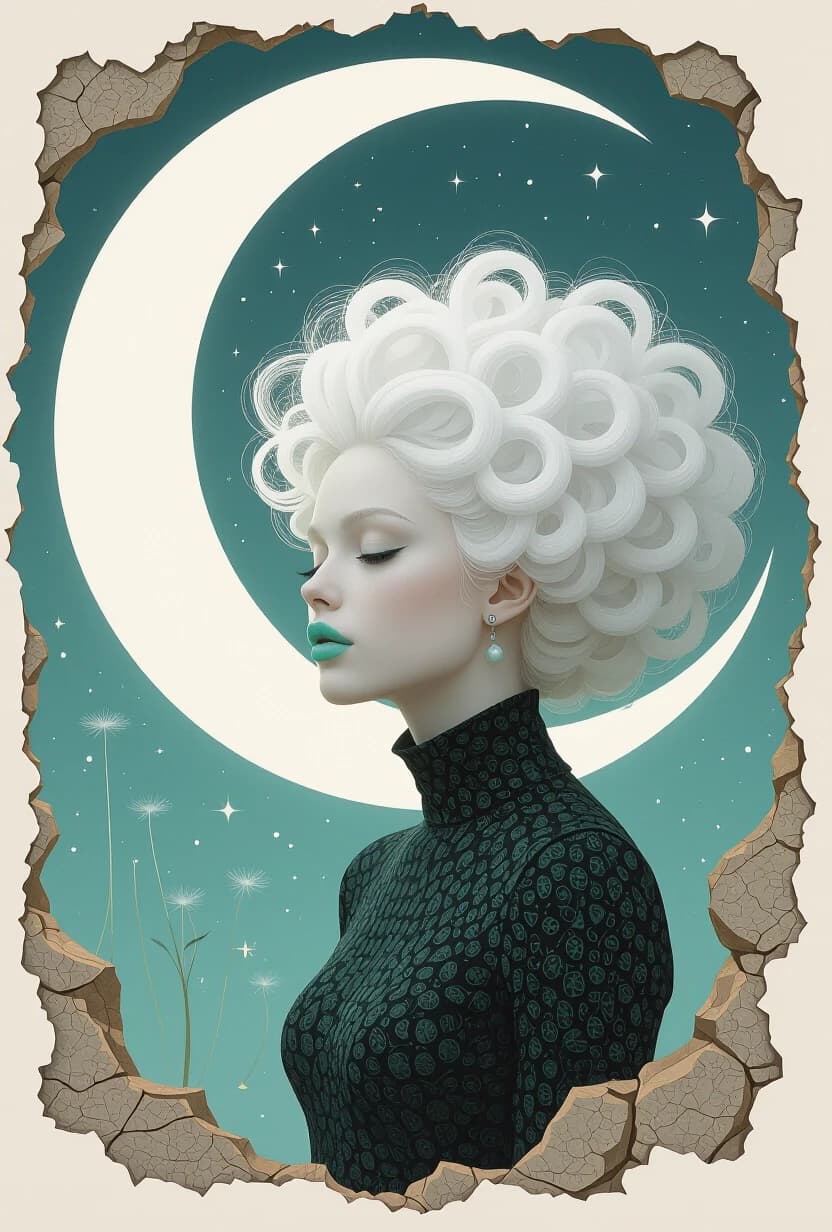 Description: Photorealistic detailed concept art in a minimalist style, various textures, stone and bark, aesthetic, attractive white albino woman looking down, mint lips, conceptual mint color and white, recording, really huge white hair curly hair white dandelion, perforated pages, French hairstyle, woman and giant mint crescent moon, mint background.