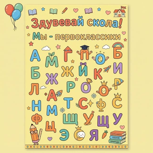 Мультяшная обучающая карточка формата А4 для первоклассников. Создать буквы для фразы Здравствуй школа! Мы - первоклассники Фон светло‑жёлтый, нейтральный, много „воздуха“. Стиль — детский мультфильм, мягкие контуры, насыщенные, но не кислотные цвета, без теней и сложной штриховки.