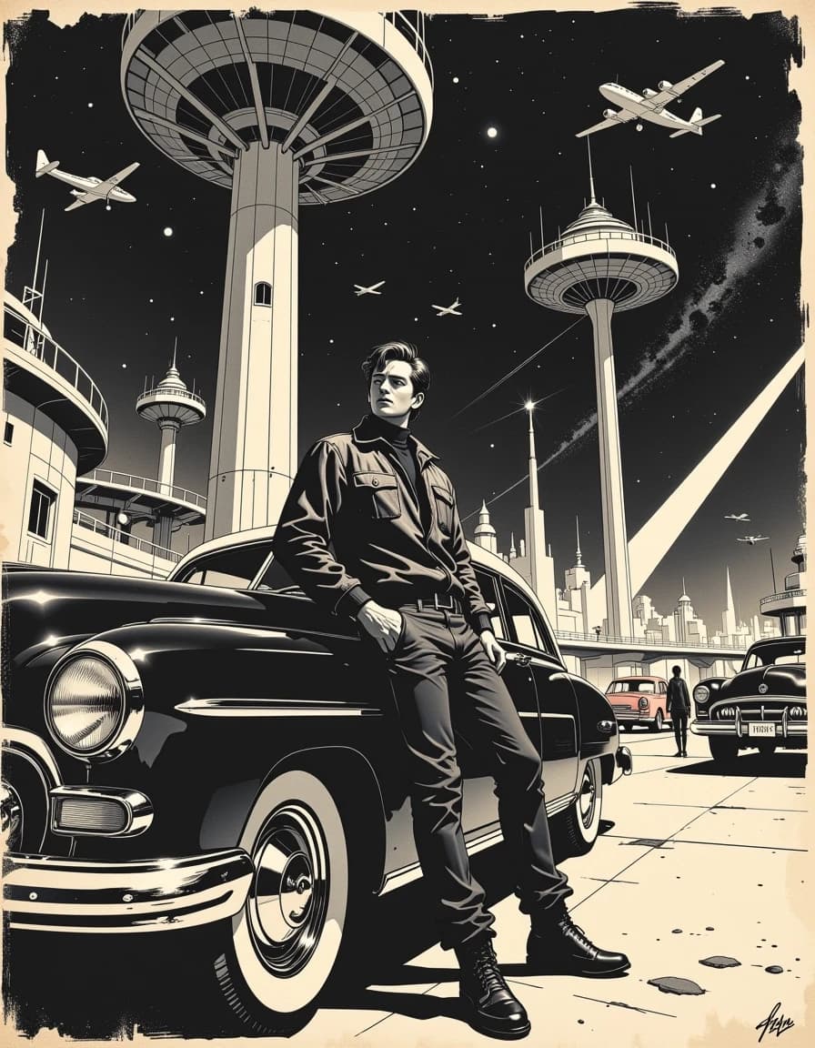 A masterpiece, in the style of the 1980s, with bold lines, dynamic strokes and rich textures, on background with a touch of nostalgia, perhaps with subtle drawings inspired by cellulose and vintage, worn textures similar to paper, oil painting, High-contrast black-and-white retro-futuristic pulp illustration of a lone man leaning on a polished 1940s/1950s chrome sedan in the foreground, low-angle composition, dramatic rim lighting and deep shadows, crisp pen-and-ink linework with brush washes and crosshatch shading, subtle halftone texture and aged sepia paper borders and light scratches for vintage feel. Man in mid-century flight jacket, turtleneck and rugged boots, confident heroic pose. Midground massive elevated circular skyport towers and platforms with walkways and antennae, sleek retro airplanes taxiing and flying between platforms, motion trails and small silhouettes to convey scale. Background a dense starfield and diagonal Milky Way band, bright stars with subtle glow and a few lens-like starbursts. Strong perspective lines, wide-angle feel, high detail on chrome reflections, tire treads and architectural concrete texture, balanced composition, cinematic noir atmosphere, nostalgic yet futuristic. Subtle film grain, vignette and paper discoloration to evoke pulp magazine cover. celshading, simple background