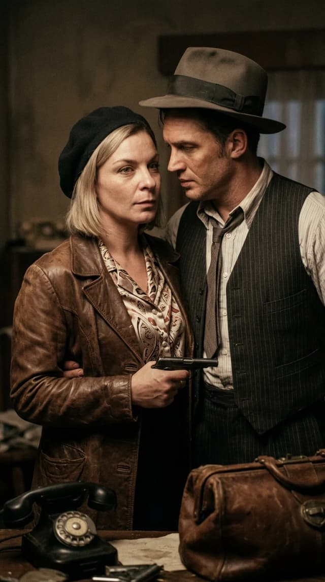 Hyper-realistic cinematic film still, authentic 1930s vintage photograph style. A woman with the exact facial features of the provided image, portrayed as Bonnie Parker, standing intimately close to Clyde Barrow, played by Tom Hardy. The composition is a medium shot, capturing their upper bodies with natural human proportions and realistic skin textures, including subtle pores, fine lines, and natural imperfections. They are dressed in era-appropriate 1930s outlaw attire: worn leather jackets, period-accurate shirts, and subtle grit. The lighting is moody and dramatic, reminiscent of classic noir cinematography, with soft shadows and a slight film grain that evokes a sense of historical authenticity. The background is a blurred, atmospheric setting of a dusty roadside or a dimly lit vintage interior. Captured on 35mm film, muted color palette with sepia undertones, high dynamic range, no digital smoothing, looking like a genuine lost frame from a classic crime drama.
