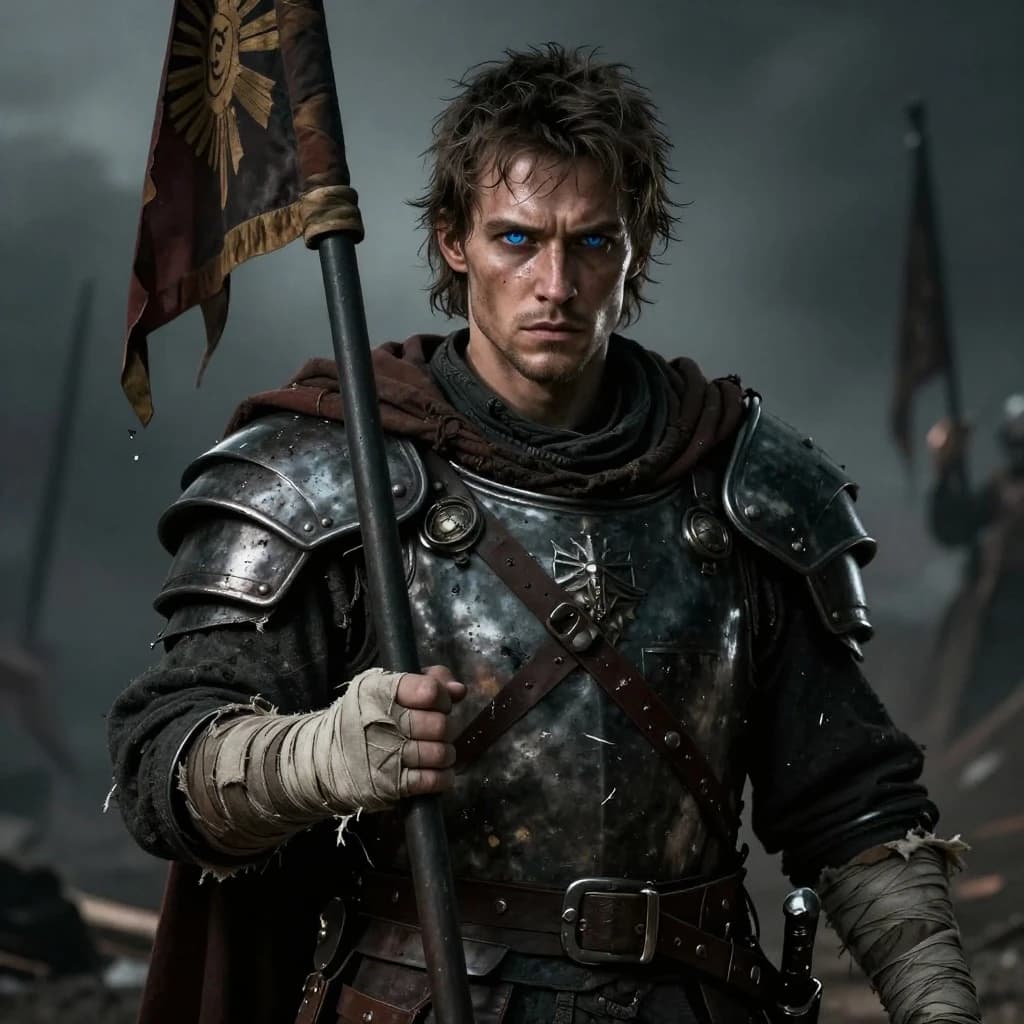 A commander holding the banner of the Imperial Guard under divine rays of light, embodying honor, duty, and loyalty. A hyper‑realistic epic portrait of a 25‑year‑old young man with bright blue eyes reflecting deep emotions. He is wearing tattered clothing made of dark fabrics, rough, multi‑layered armor with noticeable wear, and tattered linen bandages on his forearms and hands. The action takes place in a gloomy, atmospheric void with a hint of haze and devastation after the war. Dramatic cinematic lighting creates sharp highlights on the contours of his face. High contrast, extreme detail in the pores on the skin, the interweaving of threads in the fabric, and the scratches on the metal. A stern, melancholic, and heroic atmosphere, rendered in the style of high‑quality digital concept art, 8K resolution, sharp focus, volumetric shadows, masterpiece quality.