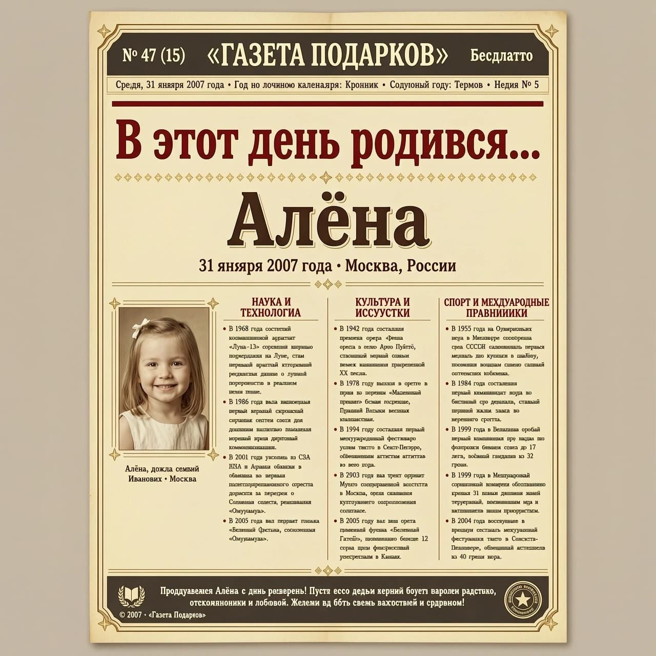 Хочу подарить ребенку на день рождения "страничку из газеты". Фото с заголовком "В этот день родился......", дата вверху как в газете или журнальной обложке. и вокруг рубрики - что еще произошло в этот день в мире (открытия, праздники и тд.). События должны быть позитивными. Сделай, пожалуйста, такую страничку. Прикрепляю фото именинницы. Дата рождения ____31.01.2007__
Имя ____Алёна_____ __________ Можешь сделать страницу цветной, но чтобы не терялось ощущение газеты или журнала. Сам найди позитивные события в мире произошедшие в тот день. ‼️