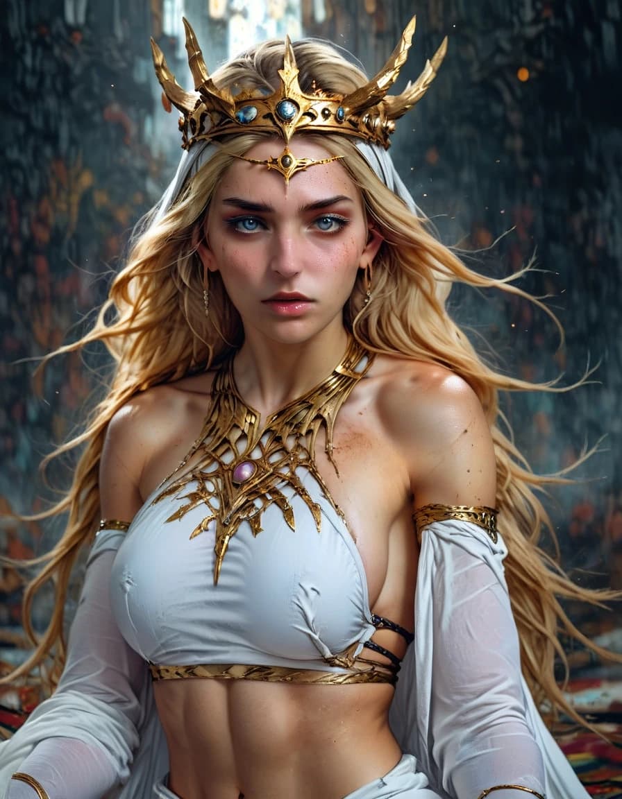 Digital Art, Fantasy Book Cover, Mystical Atmosphere, High Detail, 8k
Сюжет: Женщина с длинными светлыми волосами и золотым рогатым головным убором (типа короны или диадемы) стоит в центре композиции. Она одета в длинное белое платье с открытыми плечами и пышной юбкой.
Элементы: В каждой руке она держит по волшебному предмету: в правой — красивый меч, в левой — кристалл с переливами синего и фиолетового цветов. Волосы женщины плавно развеваются, создавая ощущение движения. За спиной раскинуты белоснежные крылья.
Фон: Темно-синий космический фон с туманными облаками и звездами. Над головой героини парит огромный полумесяц, из которого исходит мягкий голубой свет. Лучи света от месяца образуют круг вокруг фигуры девушки.
Стиль: Иллюстративная графика с плавными линиями и яркими контрастами между светом и тьмой. Эффект иллюстрации к фэнтези-роману о магии и ангелах.
