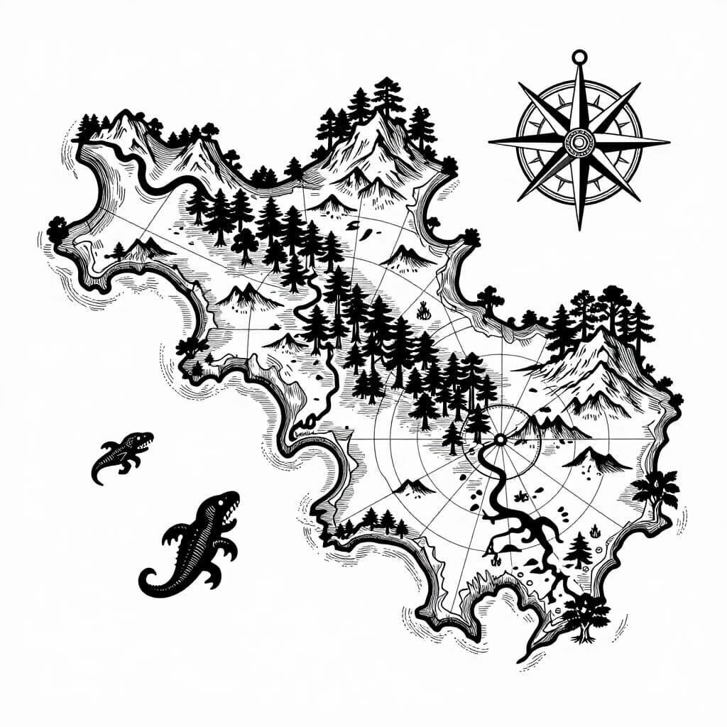Vintage nautical map, detailed line art vector design, Tainted Grail style. Flat top-down overhead view of a dark fantasy island. Intricate vintage engraving style with fine black ink lines on a pure white background. The island interior is filled with detailed hand-drawn topography, tiny detailed mountains, rivers, and dense forests made of individual tree outlines. No solid black fills, no black silhouettes. Includes an ornate compass rose, sea monsters in the ocean, and vintage nautical grid lines. High contrast, sharp edges, pure black line art only, ready for laser engraving.