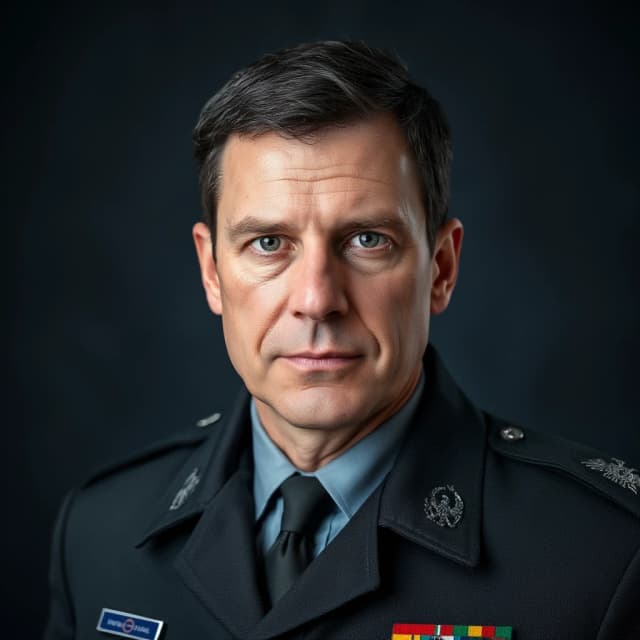 professional portrait of middle aged german lieutenant in NATO uniform. Short dark hairs, cold but clever grey eyes