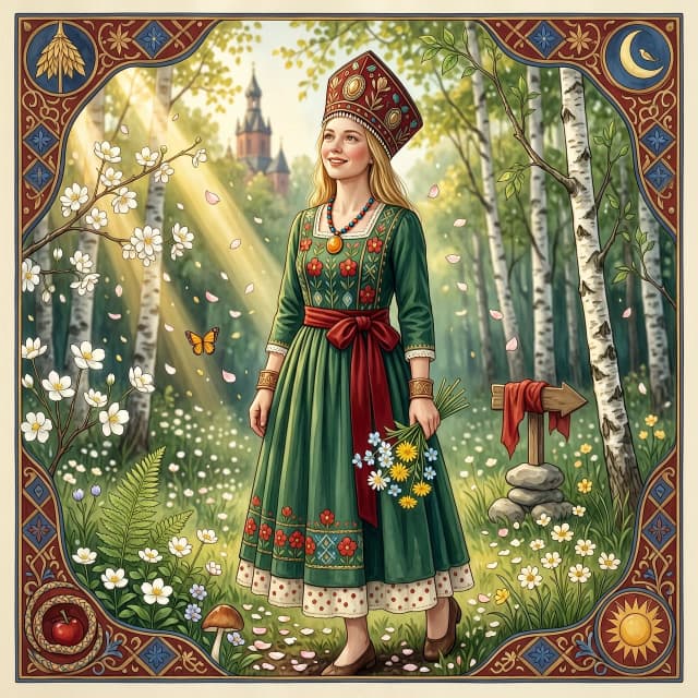 Russian Russians: A detailed portrait of a young woman of Slavic appearance from the 16th century in a traditional long Russian sundress and a traditional Russian cocoanut headdress, with blonde hair against the background of a spring blooming forest, in full growth. In the Glitter style: magical realism, natural symphony, shapes dissolve into color, lines flow like water, translucent layers with a watercolor texture, intricate ornaments at the corners of the composition.
High quality, 4k, octane, cinematic lighting, dramatic composition, eyes with increased detail, delicate skin texture, professional photography, depth of field, Leica camera, artstation trends, spectacular lighting, mystical atmosphere, detailed textures, volumetric lighting, works by Viktor Vasnetsov and Ivan Bilibin, gouache painting style, style Russian fairy tales, photorealism. An atmosphere of joy and serenity.
