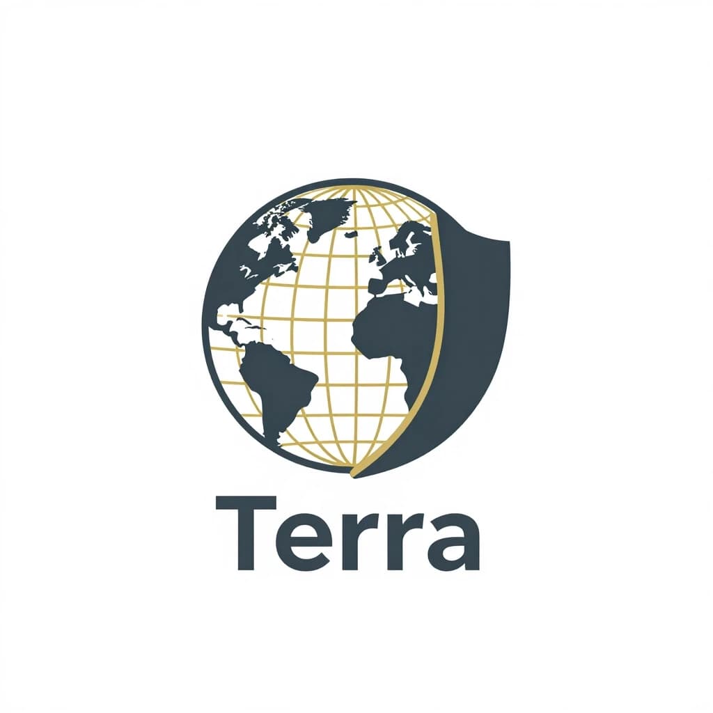 A minimalist logo design for the consulting company TerraTax. The name is a combination of the words "Terra" (Latin for "Earth", "Territory") and for "Tax". Visual Metaphor: A stylized geometric plot of land or a globe with fine grid lines represents a geographic map. This image is superimposed with a stylized shield (symbolic of protection from unjustified taxes), smoothly blending with the surrounding landscape. Style: Modern, corporate, and trustworthy. The deep, dark gray and gold color palette (symbolic of perseverance, resilience, and financial prosperity). Flat vector, geometric shapes, negative space utilization. White background, clean outlines, professional business branding. Aspect ratio 1:1.