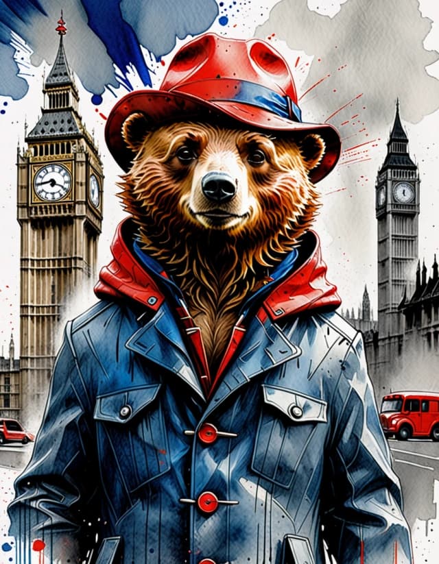 A masterpiece. Style: portrait watercolor painting. Depiction of Paddington the bear in a red hat and a blue jacket, against the backdrop of Big Ben. High quality. High resolution. Increased attention to fine details and texture. Artist: Russ Mills. Aspect ratio: 3:4.