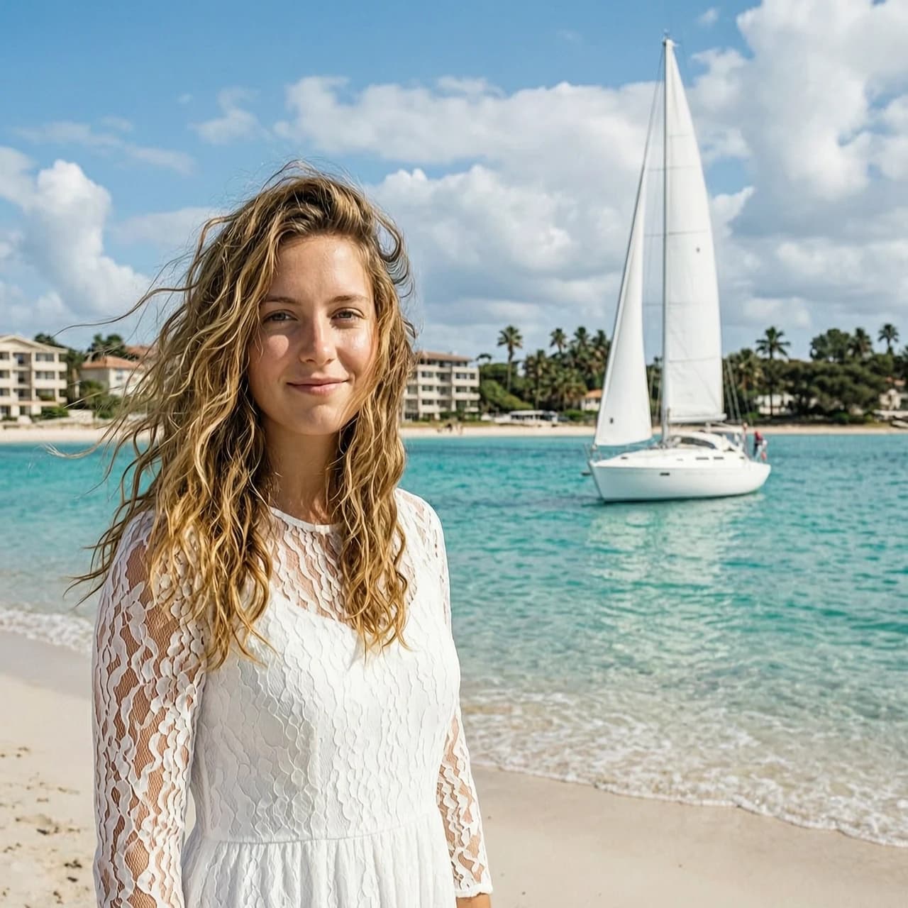 The image is a portrait of a young woman standing on a beach with a sailboat in the background. The woman is wearing a white dress with a lace overlay and has long, wavy hair that is blowing in the wind. She is looking directly at the camera with a slight smile on her face. The sky is blue with white clouds and the water is a beautiful turquoise color. The sailboat is white and appears to be sailing on the water. The beach is sandy and there are buildings and trees visible in the distance. The overall mood of the image is peaceful and serene