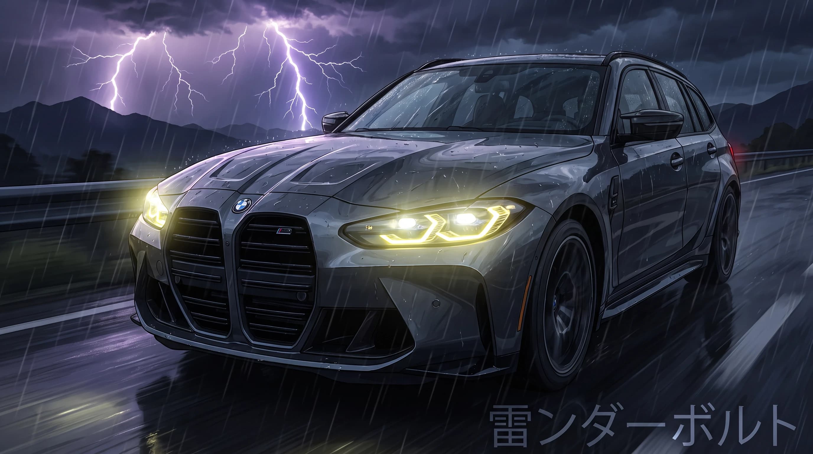 BMW M3 G81, едет по ночной дороге, эпичный ракурс, горящие фары, на фоне молнии, шедевр, крупный план, стиль аниме с реалистичными деталями
