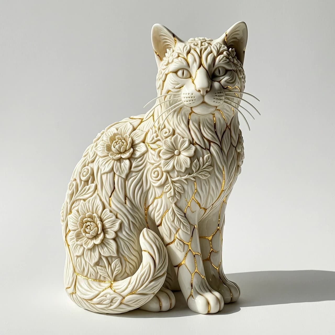 Digital image in Baroque and rocaille style with elements of kintsugi technique. Close-up. (Decorative sculpture made of white porcelain: 1.5). Golden cracks. Volume. The Persian cat. Glossy, porcelain, shiny. The cat's head and body are decorated with gorgeous embossed flowers. (Perfect white porcelain (1.5 ). Exquisite carvings that convey the fur, whiskers and tail of a seated cat. The edges of the leaves and the patterns are decorated with intricate carvings. Thin twigs, delicate flowers and leaves. Lots of fine gold veins. Intricate weaves, swirls, almost psychedelic ornaments. An amazing, mesmerizing sight: the glow. Luminescence. The background is white, with shadows and spectacular lighting. Style: rococo, surrealism, fairy tale, fantasy. Dynamic and expressive. Subtle patterns. Stylization, intricate decorative molding, surrealism, modernism. In the manner of Andrew Jones, Lorenzo Bernini. High quality.