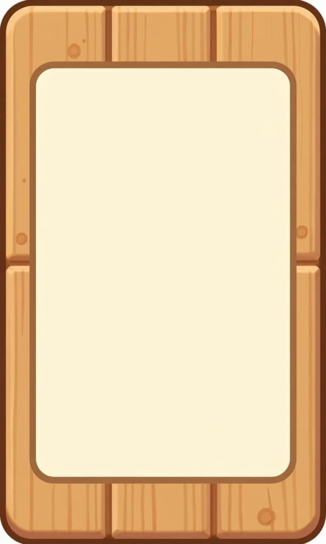 A UI panel background for a cozy cooking game, warm honey-brown wooden board with soft rounded corners, painted wood texture with subtle grain lines and small knots, slightly darker carved border line inset near the edges, pale cream parchment paper inset panel in the center occupying 70% of the area with a thin darker outline, symmetrical composition, flat soft storybook shading, uniform lighting, NO attached decorations at the edges, NO ropes, NO seals, NO plants, NO text, straight clean edges, designed for 9-slice scaling, high resolution game asset