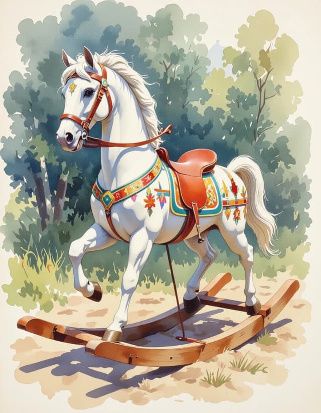 A masterpiece. Creating an image. The style is watercolor painting. Delicate watercolor on raw, on paper.((Wooden carved rocking horse, with Mezen painting:1.6)). High resolution. High detail and clear texture. Intense close-up. High quality. Increased attention to small details. The aspect ratio is 3:4. Artists - Levitan, Shishkin.u