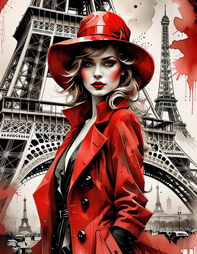 A masterpiece. Style: portrait watercolor. (Image of a glamorous, beautiful girl in a red hat and a red coat against the backdrop of the Eiffel Tower):1.8. High quality. High resolution. Increased attention to fine details and texture. Author: Russ Mills. Aspect ratio: 3:4.
