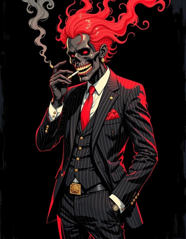 A masterpiece, in the style of the 1980s, with bold lines, dynamic strokes and rich textures, on background with a touch of nostalgia, perhaps with subtle drawings inspired by cellulose and vintage, worn textures similar to paper,oil painting, Full-body illustration of a suave, menacing skeletal figure in a tailored black pinstripe suit, viewed slightly from above in a three-quarter pose against a pure black background. The skull is matte black with deep eye sockets filled with flowing red smoke that becomes wild ribbon-like hair, mouth full of sharp yellowed teeth, one cigarette held between gloved fingers sending a curl of smoke into the red tendrils. Luxurious accessories: gold rings, cufflinks, tie bar, pocket square, chain, ornate belt buckle, polished oxford shoes. Dramatic cinematic lighting, high contrast highlights and deep shadows, bold clean ink linework with textured painterly shading, rich palette of black, crimson red, white and gold, stylish noir-meets-dark-fantasy mood, highly detailed, crisp, poster-quality illustration. celshading, simple background