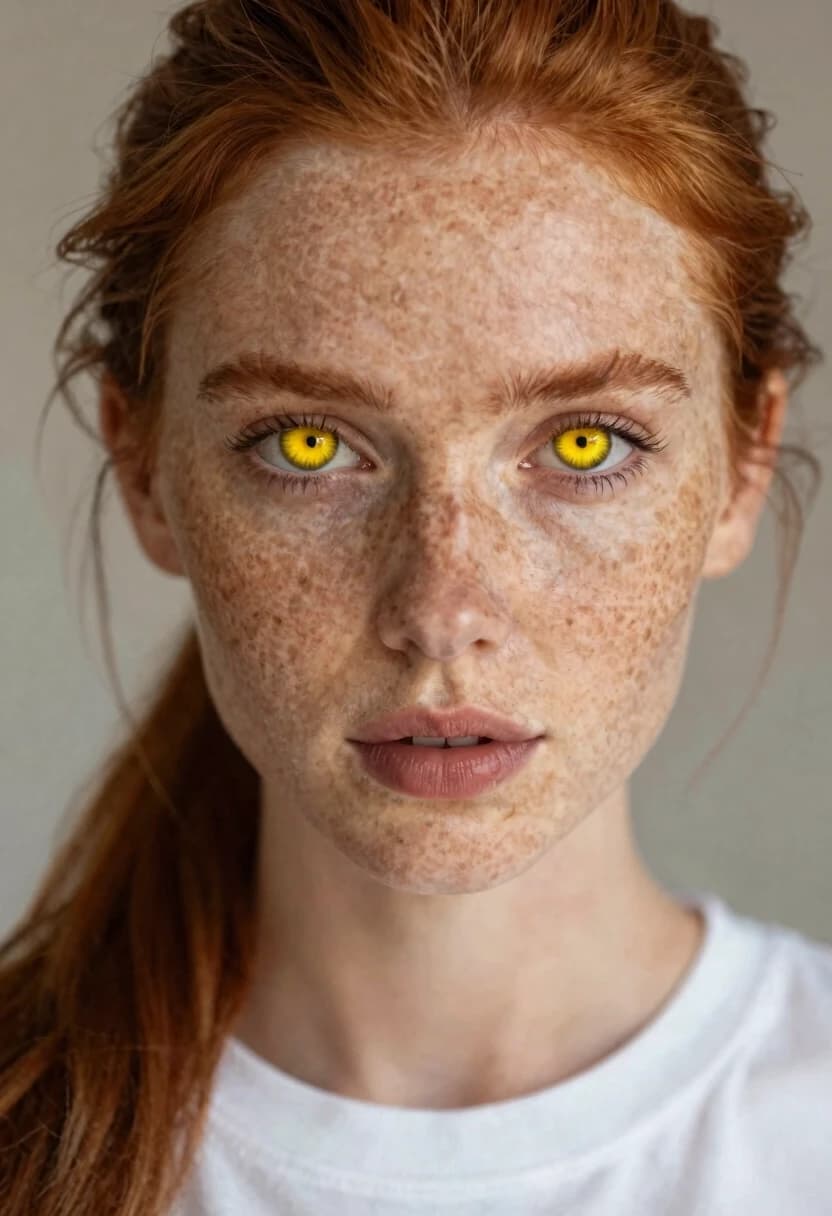 photo, 8k, sharp focus, beautiful woman, close up, t-shirt, detailed eyes, looking at the camera, highest quality, ellow eyes, rim lighting, intricate details, interior, ponytail, ginger white hair, freckles, realistic,
