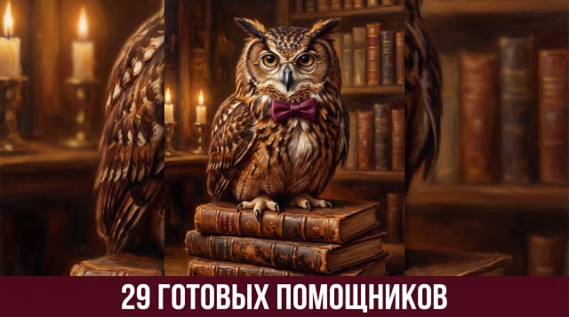 A whimsical painterly portrait of a wise owl wearing round golden spectacles and a small burgundy bow tie, perched on a stack of old leather books in a warm candlelit library. Rich browns and ambers, highly detailed feathers, friendly intelligent expression, single hero centered, full-bleed edge-to-edge composition filling the entire frame. The book spines are plain leather with no lettering, no text, no titles anywhere. Not a framed picture, not a canvas on a wall. At the bottom, a clean horizontal banner with bold Russian text "29 Π³ΠΎΡΠΎΠ²ΡΡ
ΠΏΠΎΠΌΠΎΡΠ½ΠΈΠΊΠΎΠ²", simple sans-serif, high contrast, occupying under 20% of the image, not covering the hero.