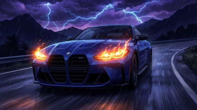 BMW M4 G82, едет по ночной дороге, эпичный ракурс, горящие фары, на фоне молнии, шедевр, крупный план, стиль аниме с реалистичными деталями