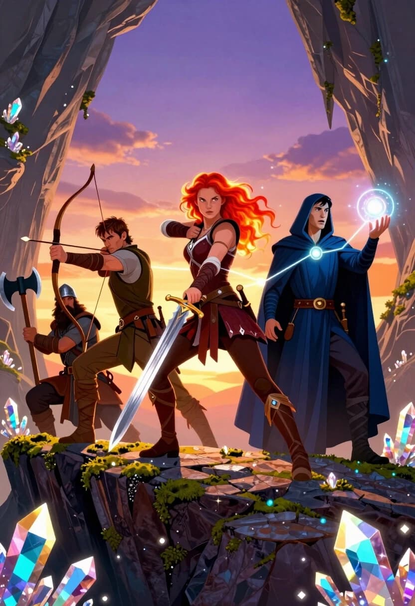 Создай эпичную сцену в технике «Luminous Crystal Mosaic Style»: отряд из четырёх искателей приключений из другого мира стоит на краю обрыва перед входом в древнюю пещеру. В центре — молодая воительница с огненно‑рыжими волосами и двуручным мечом; её взгляд решителен, поза напряжённая, будто она готова броситься в бой. Слева от неё — эльфийский лучник: он чуть присел, натягивая тетиву, лицо сосредоточено, глаза прищурены. Справа — маг в тёмно‑синих одеяниях: он поднял руку, над ладонью мерцает сфера света; выражение лица — смесь концентрации и тревоги. За ними, чуть в стороне, присел гном‑кузнец с массивным топором; он оглядывается через плечо, будто заметил опасность. Между героями — невидимые нити связи: тонкие светящиеся линии, соединяющие их амулеты. Фон — закатное небо с переливами фиолетового и оранжевого, скалы покрыты мхом и светящимися кристаллами. Детали мозаики проработаны: грани «кристаллов» отражают свет, создавая эффект внутреннего свечения. Композиция динамичная, ракурс снизу, чтобы подчеркнуть масштаб и героизм отряда.
