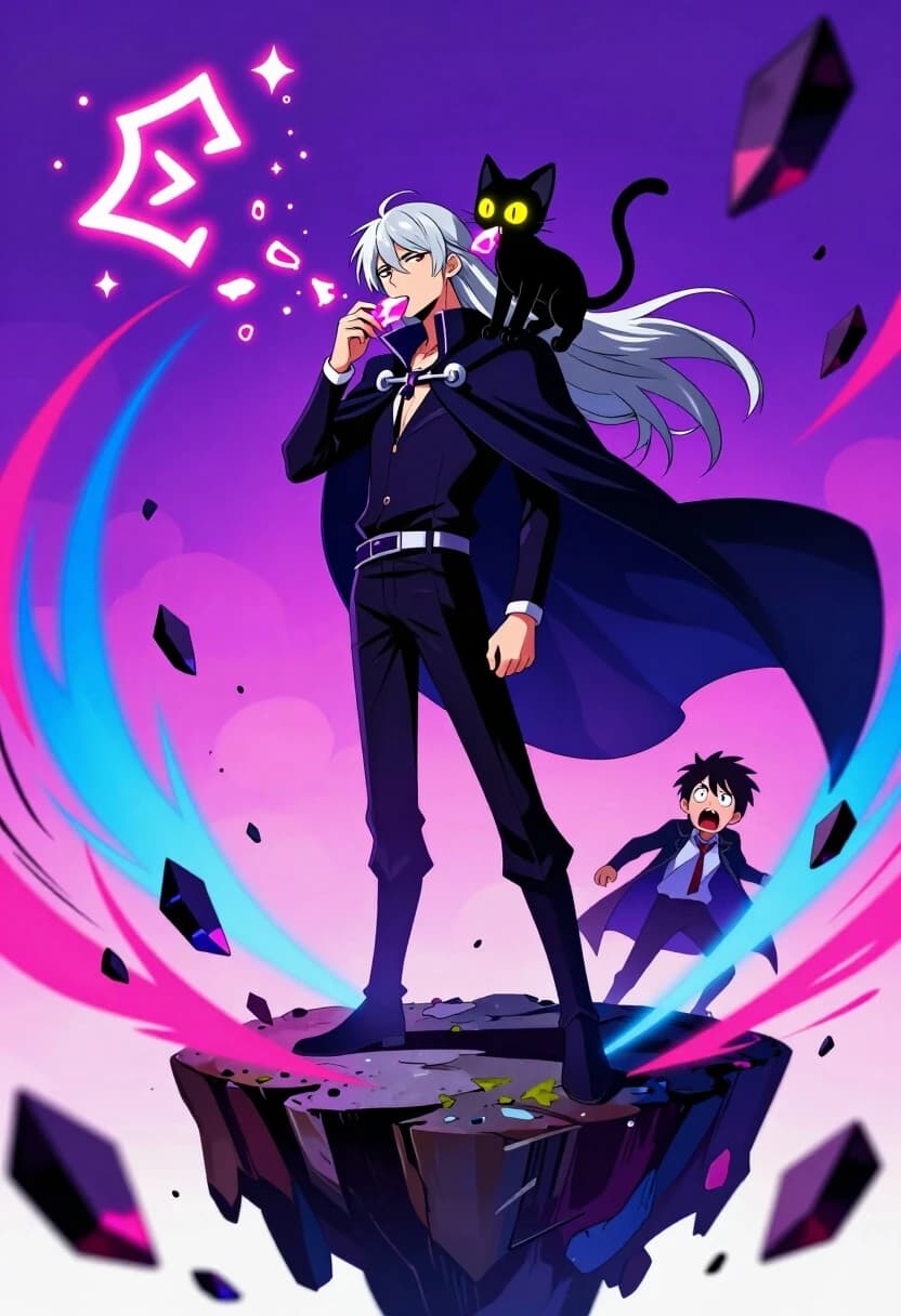 High-energy anime style, bold linework, vivid color palette with strong contrasts — deep purples, electric blues, and hot pinks. A cool, aloof-looking mage with long silver hair and a flowing cape stands on a floating island, surrounded by swirling magical energy. His hidden habit: he’s constantly chewing on small, glowing crystals like they’re candy, and spitting out the shards in a dramatic arc that forms temporary, unstable runes in the air. The runes fizzle out with a comical poof sound effect (visualized as a small puff of sparkles). His expression is bored and detached, as if this is the most normal thing in the world, while his apprentice in the background is horrified. The kitten — a tiny, jet-black one with glowing yellow eyes — is perched on the mage’s shoulder, mimicking him by nibbling on a crystal shard half his size. Dynamic camera angle from below, emphasizing the mage’s height and the chaos of the floating debris. Motion lines around the flying crystal shards, dramatic shadows, saturated colors. Mood: cool, chaotic, humorous.