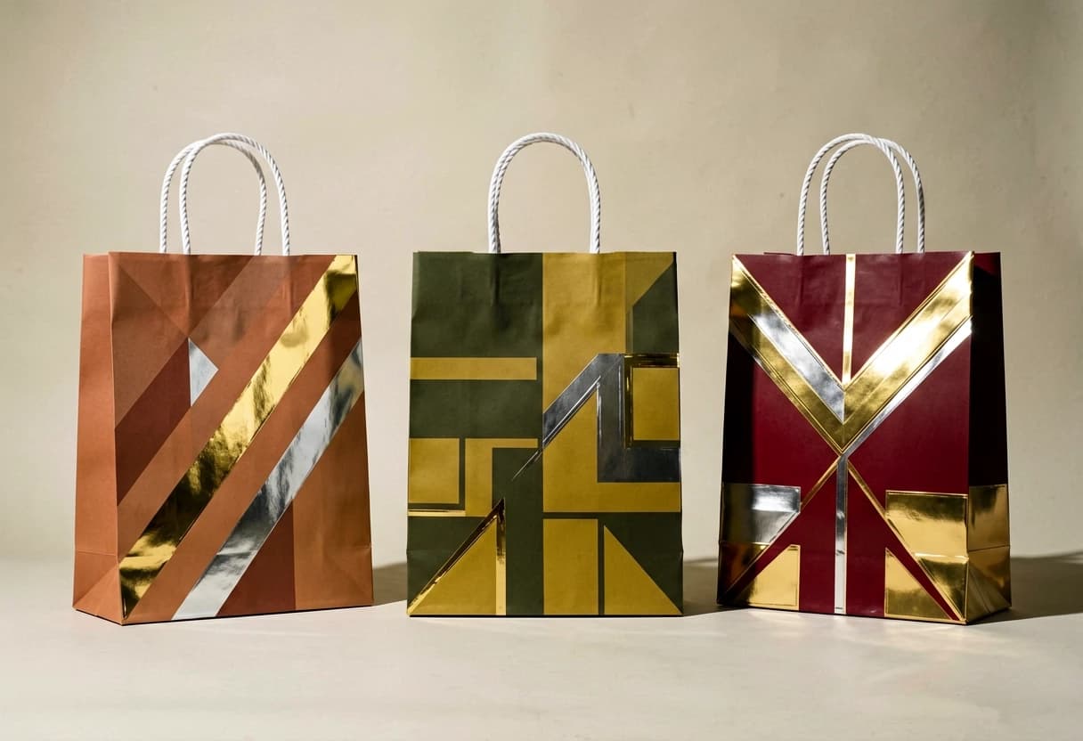 Three premium paper shopping bags standing side by side on a stark, matte light beige background with no gradient, white twisted rope handles, photorealistic product photography with harsh directional studio lighting, deep crisp shadows, and high contrast.
Left bag: muted clay terracotta and warm earth tones applied as sharp geometric blocks and angular diagonal stripes, overlaid with rigid metallic ribbons of liquid gold and liquid silver — but these are rendered as straight, hard-edged reflective inlays with glossy specular highlights and mirror-like reflections.
Center bag: burnt olive deep green and golden-olive tones, featuring a brutalist geometric composition of intersecting rectangles, zigzag lines, and faceted polygonal panels, with liquid gold and silver metallic accents shaped into precise angular strips.
Right bag: rich red mahogany and deep burgundy, with metallic gold and silver paint integrated as severe geometric chevrons, triangular inserts, and rectangular plates, all with a highly reflective, polished metal finish.
Overall arrangement: strictly symmetrical, equally spaced, with an uncompromising industrial elegance, emphasizing straight lines, sharp edges, and a rigid, sculptural presence.