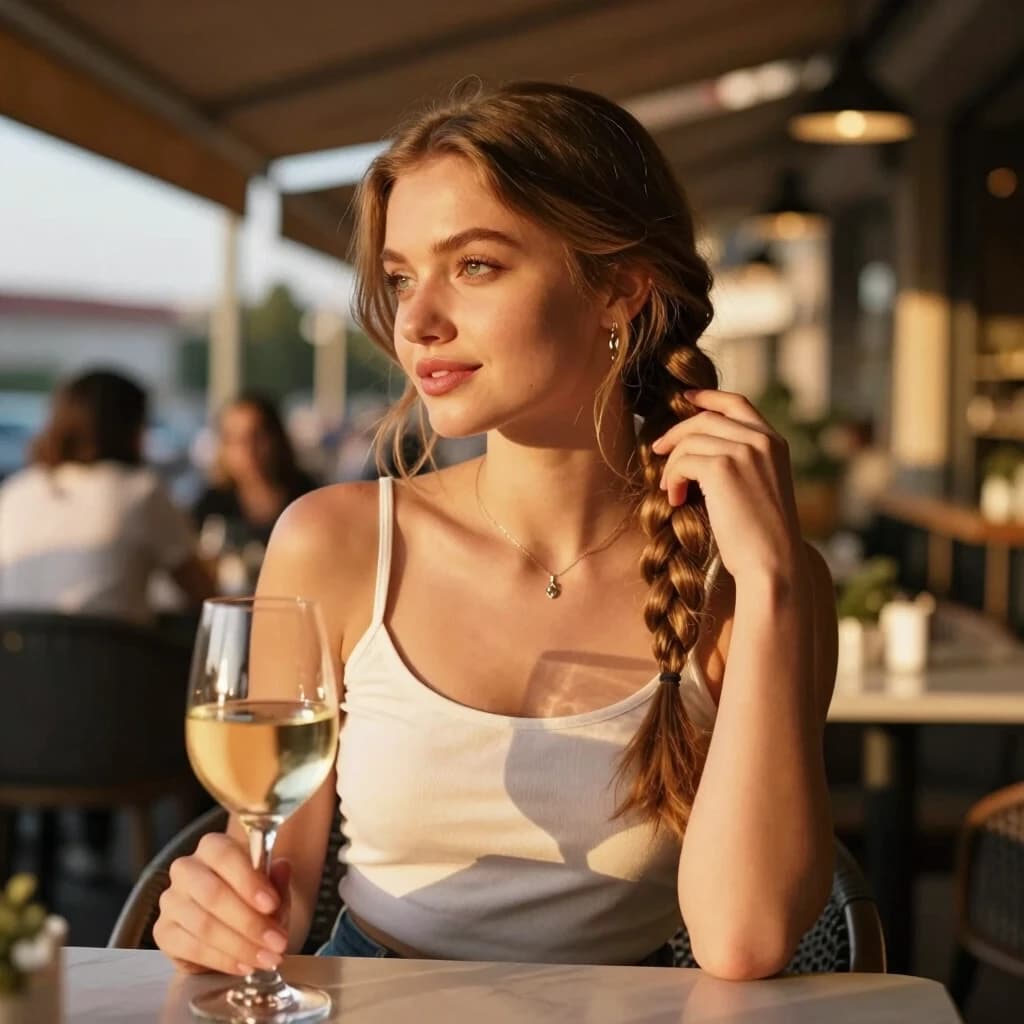 A girl who looks like Anna Kovalchuk is sitting at a table in a café. She’s holding a glass of wine with one hand and touching her braid with the other. Summer. Sunset.