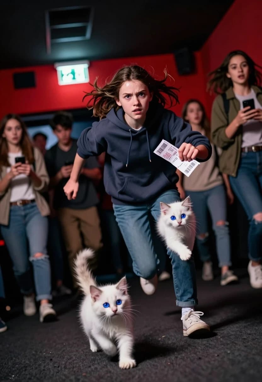 Photorealistic cinematic shot, 8K, Octane render. Dynamic dutch angle (tilted camera) for high tension. The scene is a crowded cinema lobby during a sudden evacuation: people are rushing, some are looking back, others are checking their phones. In the center, a teenage girl sprints forward, her face intense and determined, hair flying, hoodie strings bouncing with every step. She’s clutching a torn movie ticket in her right hand, the paper is crumpled and slightly wet from her sweaty palm. Just ahead of her feet, a tiny fluffy white kitten with big blue eyes is running too — not scared, but leading the way, its tiny paws a blur of motion. The camera is low and close, almost at knee level, to make the crowd feel massive and overwhelming. The lighting is chaotic: emergency exit signs cast red and white strobe-like glows, overhead lights flicker, and deep shadows add volume. Fabric folds, flying hair, and motion blur on the kitten’s legs show speed, while the girl’s face stays razor-sharp. Background is a controlled blur of rushing people to keep focus on the duo. Mood: urgency, adrenaline, teamwork against chaos.