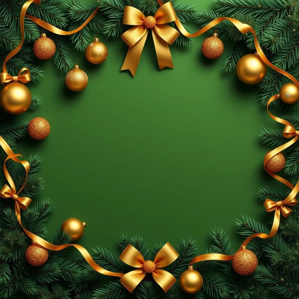 Christmas decorations wallpaper. Green natural background with golden baubles, ribbons, garlands. There should be a free space in the center.