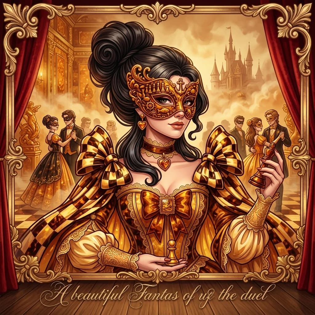 Background: a chessboard. Masquerade ball in the Amber Room. Ladies and men in masks. Young couples. The foreground.
((Chess queen in amber style) She is dressed in a fancy dress of a chess queen in light and dark shades of amber. There is a half mask on his face. (Columbine half mask) a mask that covers only part of the face. Mask Decorations:with a patterned ornament in the form of a chess set in the marine style with an amber tint.:all shades of amber. This image combines the aesthetics of fantasy and the Yekaterinburg era, creating a vivid and memorable image of the queen. ((Style):fantasy art, baroque, art design, romance, close-up, formal portrait, high quality, gradient, grace, Interior light, 4k, intricate details.