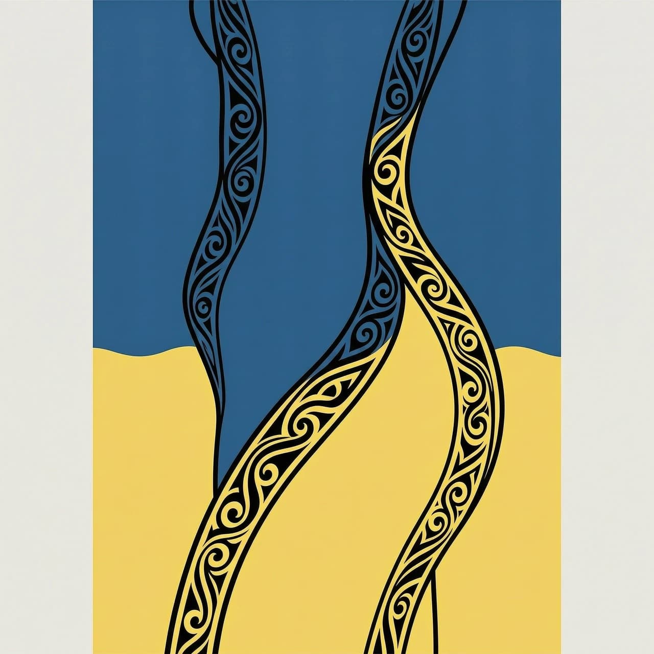 A vertical surrealist art piece. A perfect clear silhouette of a woman's hip and waist is formed by the coastline. The top part is a deep blue sea, the bottom part is clean yellow sand. The dividing line between water and sand is a flawless female body curve. Running exactly along this body contour line, from edge to edge, is a very thin, sharp, ink-black Maori Koru ornament with delicate curved blade-like shapes. Highly contrasted graphics, minimalist vector art style, flat design, sharp details, no text, no white foam