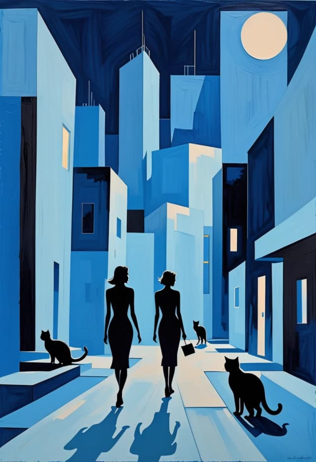 In the style of Malcolm T. Leipke
on a blue background,
night landscape, modern architectural landscape, walking silhouettes of women cats angular, nervous brushstrokes, on a rough background, pastel, unfinished study
minimalism