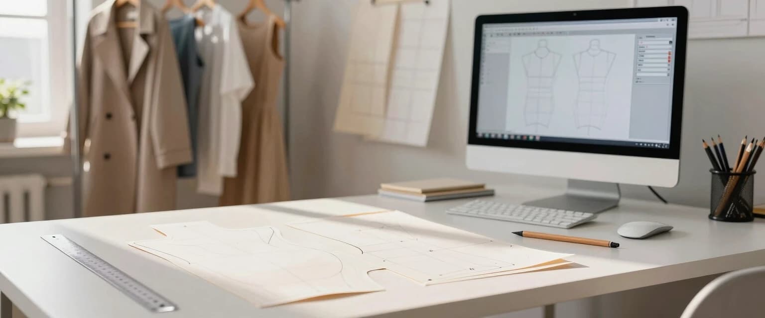 Fashion design bureau for pattern making, front view. Foreground: a clean white desk with neatly arranged paper patterns, garment darts, technical sewing schemes, graphite pencils, and a long transparent ruler. Background (slightly blurred): a clothing rack with finished garments (a coat and dresses) and ready-made paper patterns hanging nearby. In the right corner of the desk, there is a modern computer with a monitor displaying a CAD software interface showing the contours of a pattern being developed. Lighting: bright, sunny daylight coming from a window on the left, casting soft natural shadows and gentle highlights on the desk. Atmosphere: creative, tidy, professional atelier.