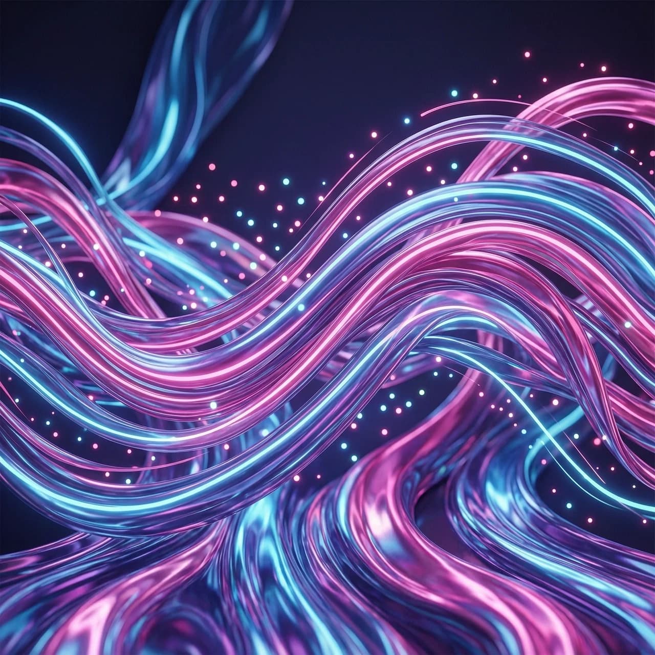 Abstract 3D background for a rhythm game application, dynamic fluid motion, intricate intertwining of vibrant neon silk ribbons and liquid chromatic waves, flowing iridescent textures, swirling multi-colored energy streams, volumetric lighting, depth of field, macro photography style, high-gloss finish, glowing particles and light trails, rhythmic composition, psychedelic color palette with deep blues, hot pinks, and electric violets, cinematic lighting, Octane Render, 8k resolution, hyper-detailed, energetic and uplifting mood, flowing organic shapes, flowing motion blur.